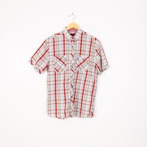 *Alfani Mens Beige & Red Plaid Short Sleeve Button Up